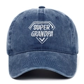 Detail of SUPER GRANDPA white embroidery on vintage navy blue washed denim baseball cap - Adjustable / Navy Blue