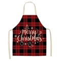 Detail of red and black plaid Christmas apron with Merry Christmas white printed patterns - A0001-17 Red Black Plaid Party