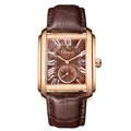 Men's square rose gold quartz watch with brown leather strap and date display - Rose Gold Case Brown Dial Brown Strap