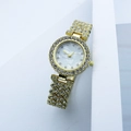 Detailed view of women's gold watch with sparkling crystals and mother of pearl dial - Gold Rhinestone Face
