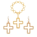 Golden hollow cross jewelry set including a textured bracelet and drop earrings - Gold Earrings+Bracelet (Hollow Cross)
