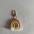 Handmade woven rainbow keychain with gold swivel clasp in pink, yellow and beige - Pink Yellow