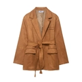 Brown faux suede belted blazer jacket with mid-length cut and large patch pockets for women - XS / Brown