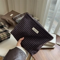 Detailed view of vintage plaid wool makeup bags with 'simple wish' label held in hand - Purple Small Grid