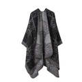 Detail view of double-sided knit shawl with grey check and abstract cloud patterns - Black