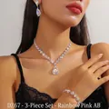Chic rhinestone jewelry set with teardrop necklace, earrings, and bracelet in AB pink - Colorful Pink AB (DZ67)