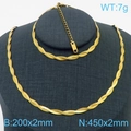 Golden multi-layer braided snake chain jewelry set with flat twisted necklace and bracelet - Bracelet 18cm+5cm / Gold (2mm 2-Layer Braided)