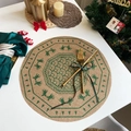 Round jute Christmas placemat with dark green bell print for festive table decor - Style 2 Green
