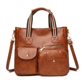 Borsa tote vintage in pelle PU marrone con tasche multiple e manici a righe - Marrone (Ispessito/con Cerniera Posteriore)