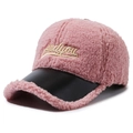 Pink faux shearling baseball cap with black leather brim and Andyou embroidery - Adjustable / Pink