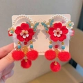 Pinces à cheveux fleurs rouges en velours avec perles et pompons pour enfant - Papillon Visitant Fleur