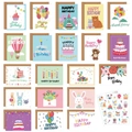 Set mit 20 bunten 3D-Cartoon-Geburtstagskarten und Aufklebern auf weißem Grund - Buntes handgemaltes Set (s501)