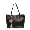 Retro black leather tote bag with dual handles and a brown bear doll accessory - Black
