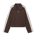 Brown long sleeve zip-up hoodie with white stripes and matching pants set for women - S / Tops