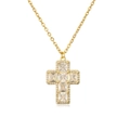 Detailed view of a gold cross necklace with micro-set clear cubic zirconia crystals - Gold White Zirconia