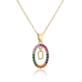 Close-up of gold oval pendant with rainbow zircon stones and floating letter U - Letter U