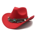 Red wool felt western cowboy hat with ethnic beaded band and turquoise stone accent - M (56-58cm) / Red