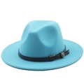 Detail of sky blue felt fedora hat featuring a black leather band and silver flower buckle - M (56-58cm) / Lake Blue