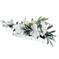 Bohemian bridal hair comb featuring white faux flowers and green leaves on silver metal - FS41-1 White