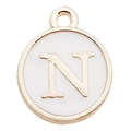 Golden round enamel charm featuring capital letter N on white background for DIY jewelry - Letter N / 1 Piece (12x14mm) / White