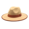 Classic camel wide brim Fedora hat with decorative ribbon and faux leather bound edge - M (56-58cm) / Camel