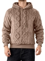 Detail of men's brown fleece hoodie featuring cable knit texture and ribbed cuffs - Khaki