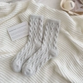 Thick light grey cable knit wool socks for winter warmth and home comfort - One Size / Light Gray