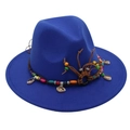 Detail of royal blue fedora hat with bohemian beads, shells and leather tassels - Sapphire Blue