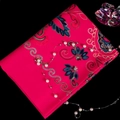 Rose red cashmere pashmina shawl with blue floral embroidery and fringe details - Rose Red