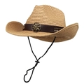 Classic straw western cowboy hat with brown leather band and decorative metal studs - M (56-58cm) / Khaki