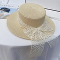 Beige straw boater hat featuring elegant white lace ribbon and bow for beach vacations - M (56-58cm) / Beige Boater Lace