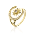 Close-up of 18K gold plated moon and star open ring with sparkling zircon stones - Sun Starburst Style