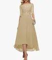 Elegant champagne lace evening dress with high-low tulle skirt and 3/4 sleeves - US size 12 (L) / Top And Bottom / Champagne