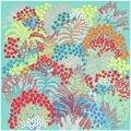 Square floral silk shawl with vibrant botanical patterns and mint green background - Light Blue