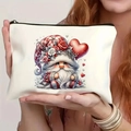 White Christmas gnome cosmetics bag with checkered hat and heart balloon print - Pattern 11/Plaid Hat Balloon Gnome