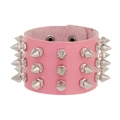 Punk style pink leather bracelet with three rows of silver metal spikes and studs - Pink