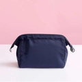 Waterproof navy blue nylon makeup bag with a square shape and zipper for travel - Navy Blue