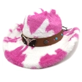 Détail du chapeau de cowboy en peluche rose avec tête de taureau et clous turquoise - M (56-58cm) / Couronne Droite Rose Rouge