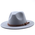 Classic light blue fedora hat in wool felt with brown leather band and silver buckle - Light Gray