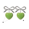 Silver bow stainless steel earrings with glossy green heart charm and waterproof finish - Grass Green