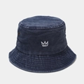 Dark blue washed denim bucket hat with white crown embroidery and metal vents - M (56-58cm) / Navy Blue