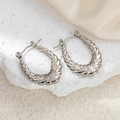 Minimalist silver oval stainless steel earrings with radiant leaf patterns - Leaf Pattern Earrings (0189)