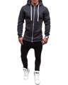 Front view of dark grey slim-fit zip-up hoodie with white drawstrings on a model - M / Tops / Dark Gray