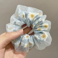 Light blue daisy floral organza scrunchie with layered fabric and elastic hair tie - Large Floral Blue