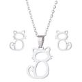 Detailed view of stainless steel jewelry set featuring hollow cat pendant and stud earrings - Silver