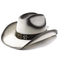 Western cowboy straw hat with bull head buckle and black gradient brim on white background - M (56-58cm) / White Black Gradient