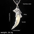 Men's silver wolf head necklace with a white acrylic tooth pendant and stainless steel chain - Wolf Tooth No.11 + 70cm Steel Chain