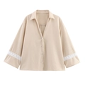 Relaxed V-neck khaki blouse featuring elegant white lace spliced cuffs and button-down front - S / Apricot