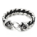 Gothic silver skull bracelet featuring black braided leather with round spring clasp - Silver Skull Head Style (KB47346-D)