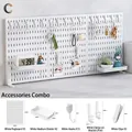 White modular pegboard wall organizer set with shelves, hooks, and desk mounting brackets - White Clamp Set 3 / White